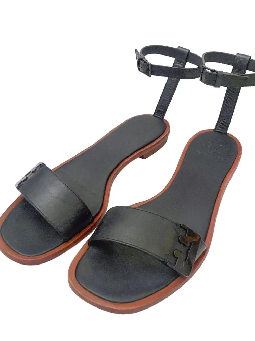 TORY BURCH Gabrielle Black Flat Sandals with Ankle Strap, Logo Sz 5.5